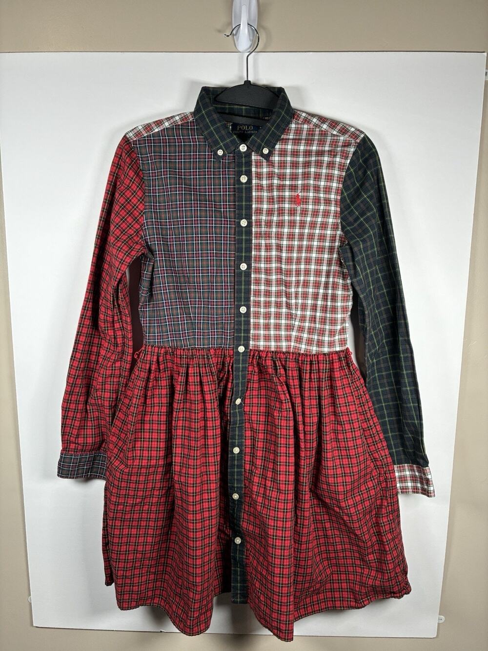 Polo Ralph Lauren Girls 16 Plaid Shirt Dress Red Green Tartan Holiday Preppy